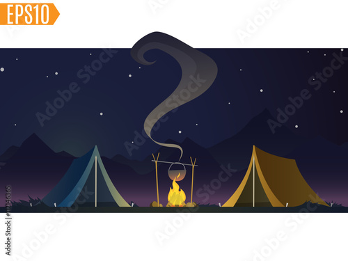 tents with bonfire on dark night forest background. beautiful concept camping with wild nature outdoors. summer travel. leisure, travel extreme. cartoon vector illustration.