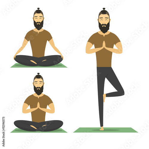 Yoga man isolated on white background. catoon yoga character, vector flat design illustration. hipster male meditation. 