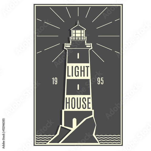 Lighthouse retro black white logo. Naval Architecture sign. Lighthouse stylish badge. Sticker, line design. Hipster style. Marine symbol. Vector illustration. 
