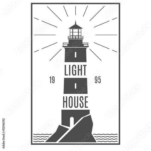 Lighthouse retro black logo. Naval Architecture sign. Lighthouse stylish badge. Sticker, line design. Hipster style. Marine symbol. Vector illustration. 
