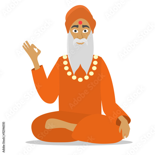 Hindu monk meditating isolated. Cartoon design. ok. don't worry Traditional religious
sadhu sitting.  flat vector illustration. monk person icon.