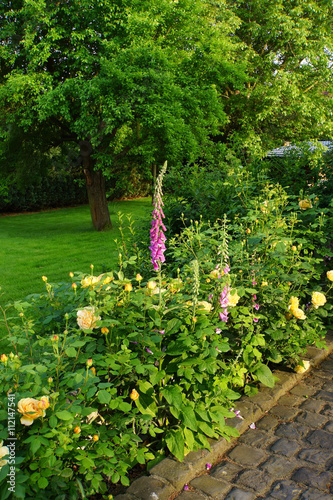 Rasen und Blumenbeet im Garten