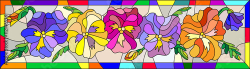 Illustration in stained glass style with flowers, buds and leaves of pansy