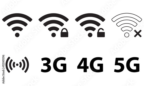 Wireless and wifi icon set for remote internet access. Podcast vector symbol. 3G, 4G and 5G technology symbols.