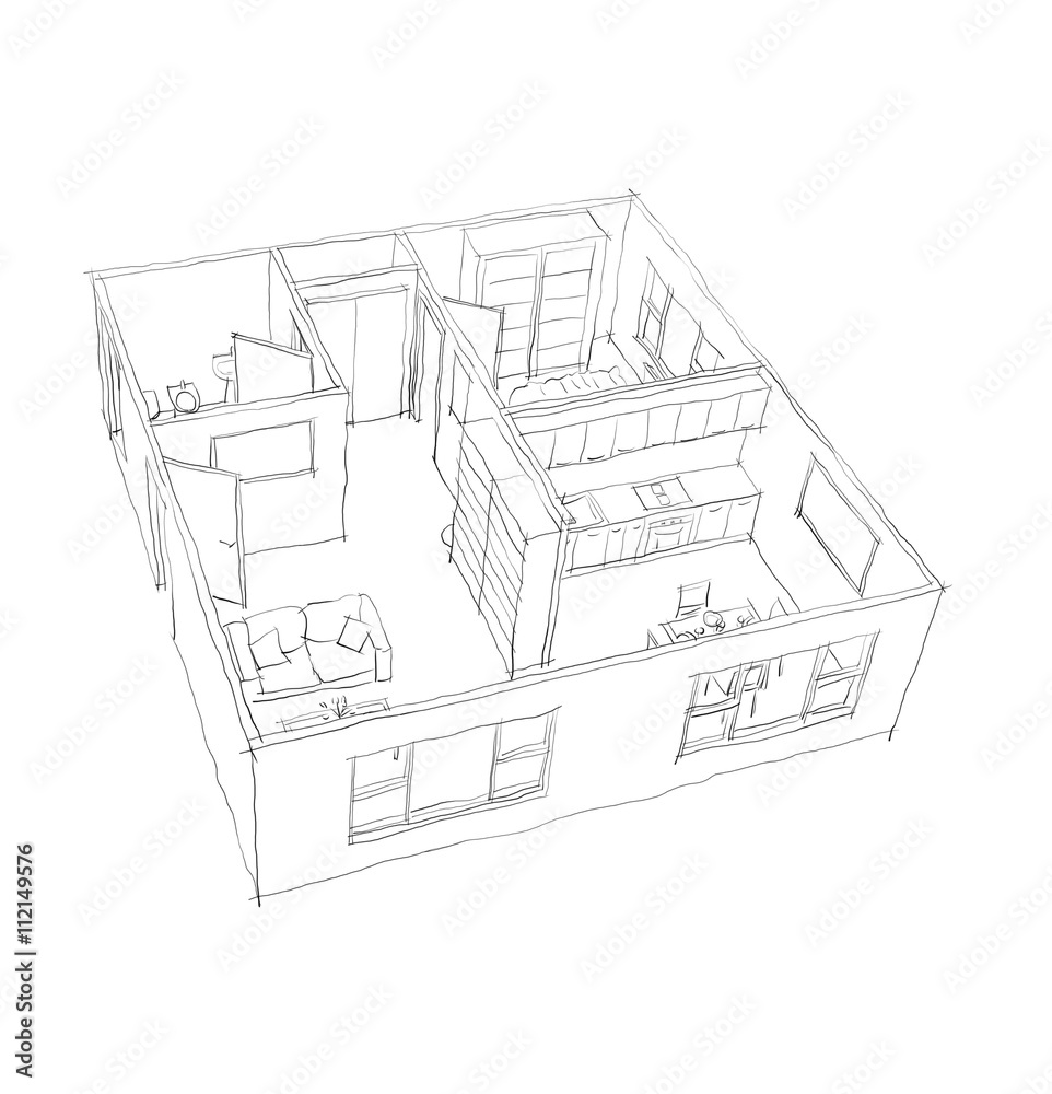 2d interior pen freehand sketch drawing on white background of furnished home apartment