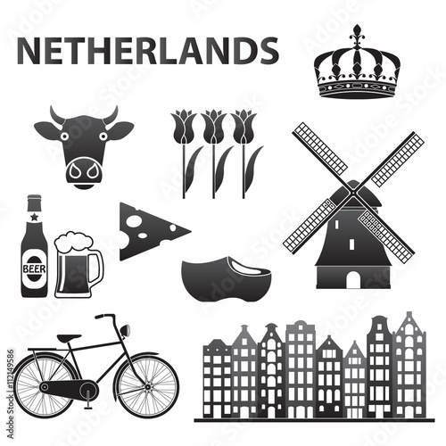 Netherlands icon set isolated on white background. Holland and Amsterdam symbols: wind mill, tulips, bicycle, beer. Template for travel design. Vector illustration.
