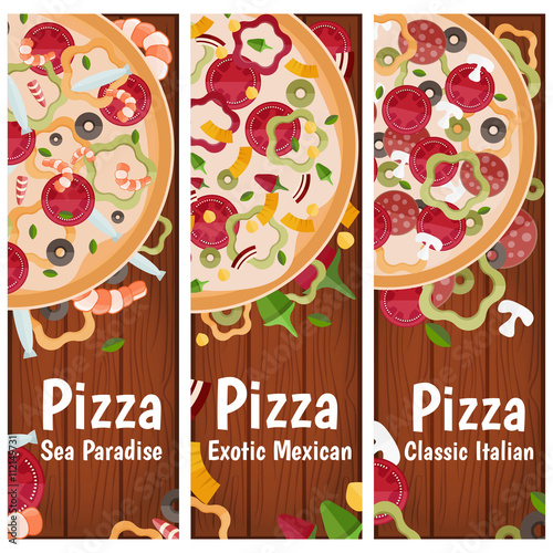 Set of banners for theme pizza with different tastes flat design