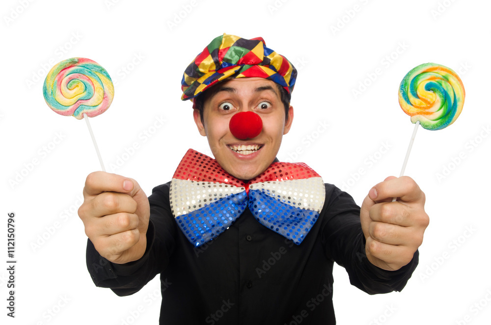 Fototapeta premium Funny clown with lollipop isolated on white