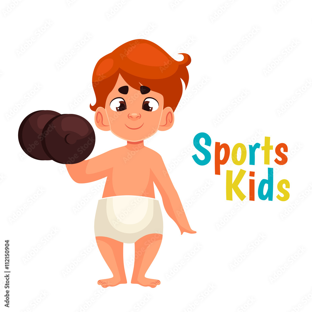 baby in diapers with a dumbbell, vector cartoon comic illustration isolated  on a white background, a
