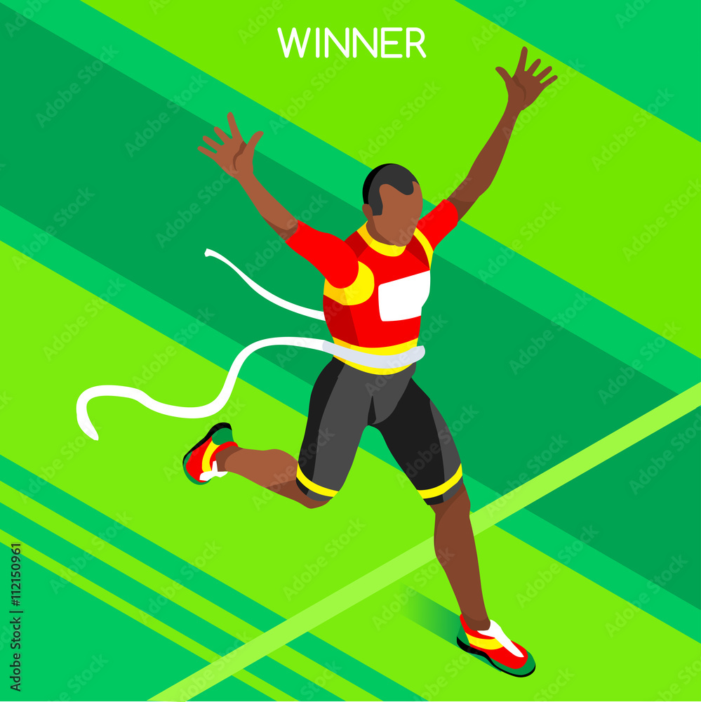 Running Winner Athletics 2016 Summer Games Icon Set.Winning Concept.3D Isometric Win Runner Athlete.Sport of Athletics Sporting Competition.Sport Infographic Track Field Vector Illustration
