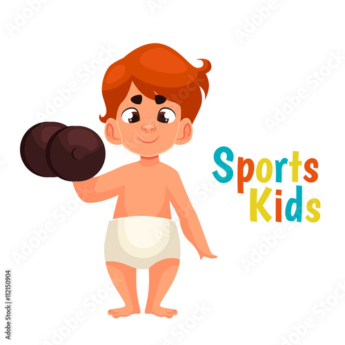 baby in diapers with a dumbbell, vector cartoon comic illustration isolated on a white background, a strong baby kantele raises one hand, the infant the winner in the sport, a great willpower