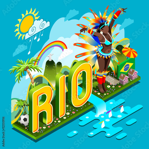 Brasil Rio Summer Games Infographic.Sport Event on Smartphone or Tablet Device.Landmarks Signs and Symbols Soccer Field Carnival Brazil Flag.3D Isometric Vector Illustration