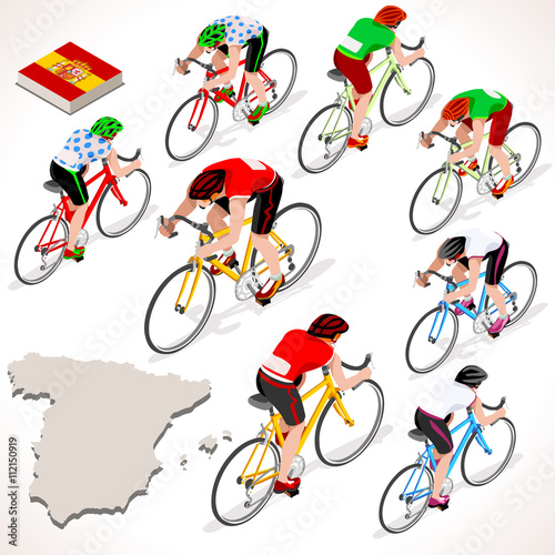 Spain racing cyclist group riding bicycle path. Vector cyclist icon. Cyclist icons. Flat 3D isometric Espana Flag people set of vector cyclist and bicycle icons. Isometric vuelta bicycle race Cycling.