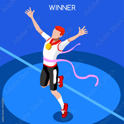 Running Winning Man Athletics 2016 Summer Games Icon Set.Win Concept.3D Isometric Win Runner Athlete.Sport of Athletics Sporting Competition.Sport Infographic Track Field Vector Illustration