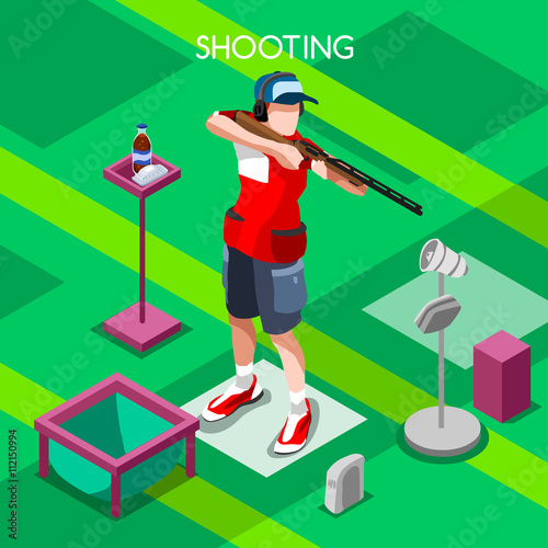 Shooting Player 2016 Summer Games Icon Set.3D Isometric Shooter Athlete.Sporting Championship International Shooting Competition.Sport Infographic Shooting Vector Illustration
