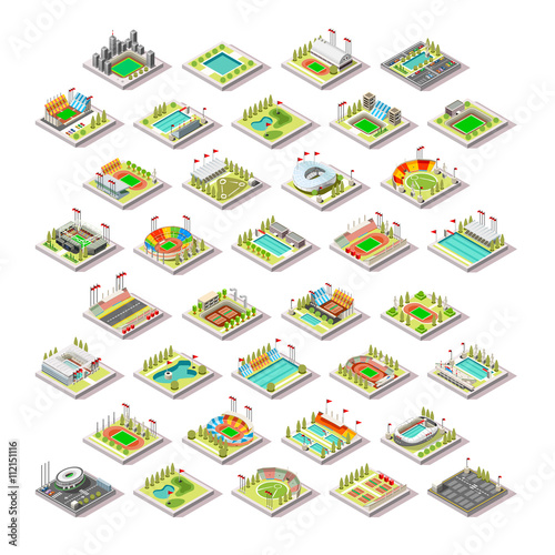 Sport Facility Building Set.Miniature 3D Isometric City Map Sport Park Buildings Infographic Elements.Stadium Arena Field Pool Green Track Camp Court Structures. Summer Games Sport Vector Illustration