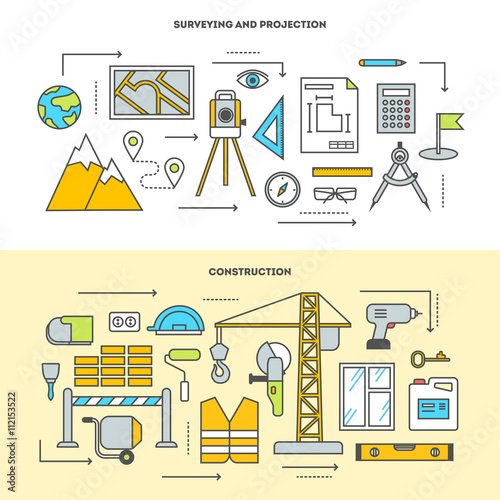 Pre-construction survey, building design and construction. Building stages. Vector icon