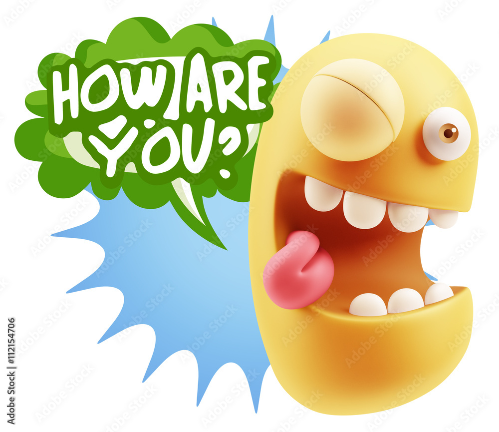 3d Rendering Smile Character Emoticon Expression saying How Are