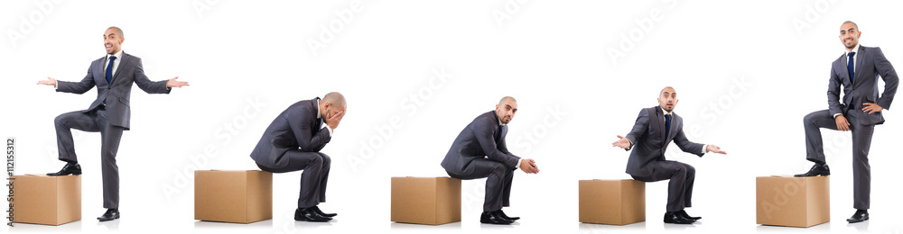 Collage of photos with man and boxes Collage of photos with man and boxes