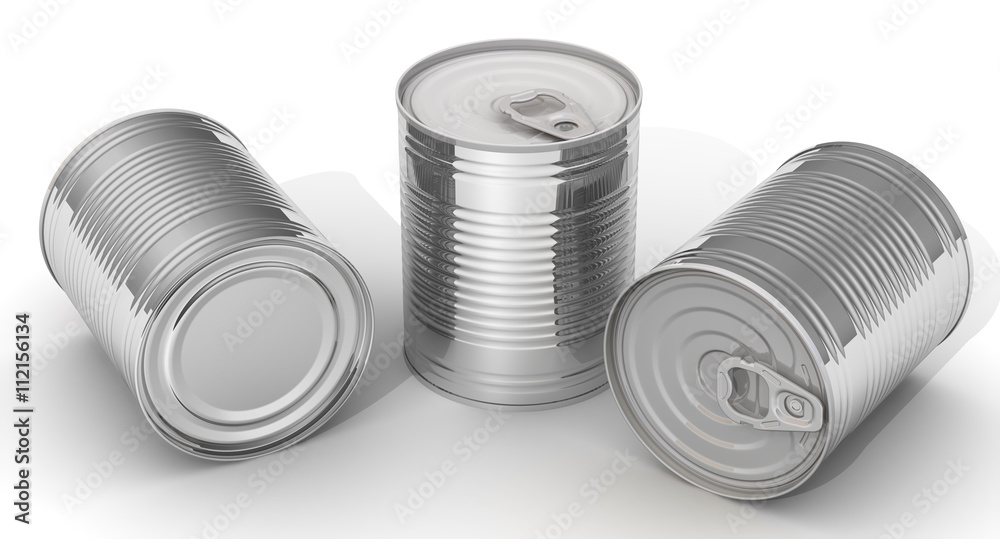 Tin cans. Three tin cans without label on a white surface. Isolated. 3D Illustration Tin cans. Three tin cans without label on a white surface. Isolated. 3D Illustration