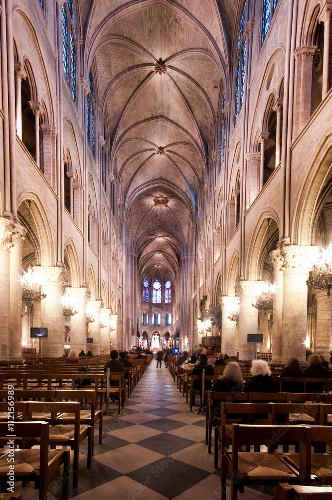 Interior view of Notre Dame Cathedral Paris France