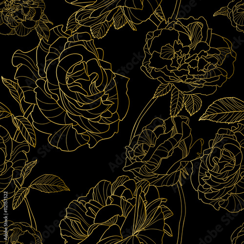 Vector seamless pattern. Golden outline rose flowers on black background. Flo...