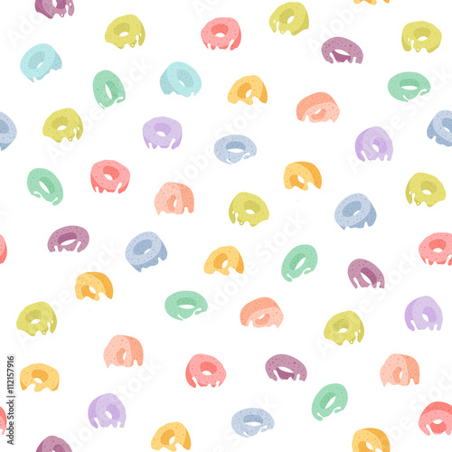Seamless pattern with colorful fruit cereal rings dipped in milk with splashes. Vector food background.