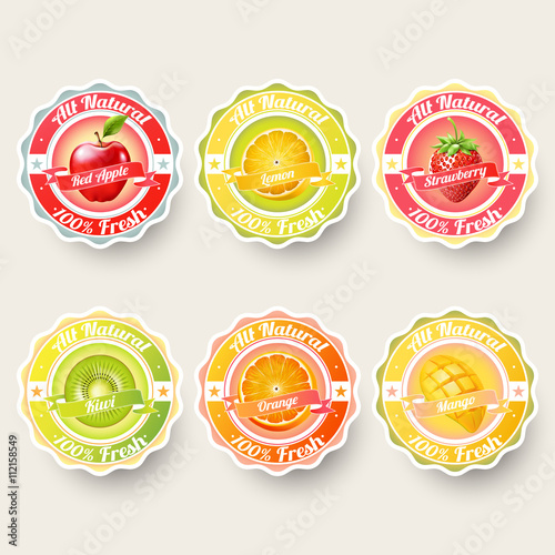 Set of orange, lemon, strawberry, kiwi, apple, mango juice,smoothie, milk, cocktail and fresh labels splash. sticker, advertisement concept vector illustration.