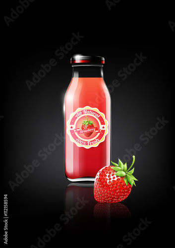 Strawberry juice in a glass bottle for design advertisement and vintage logo, fruit, transparent, Vector