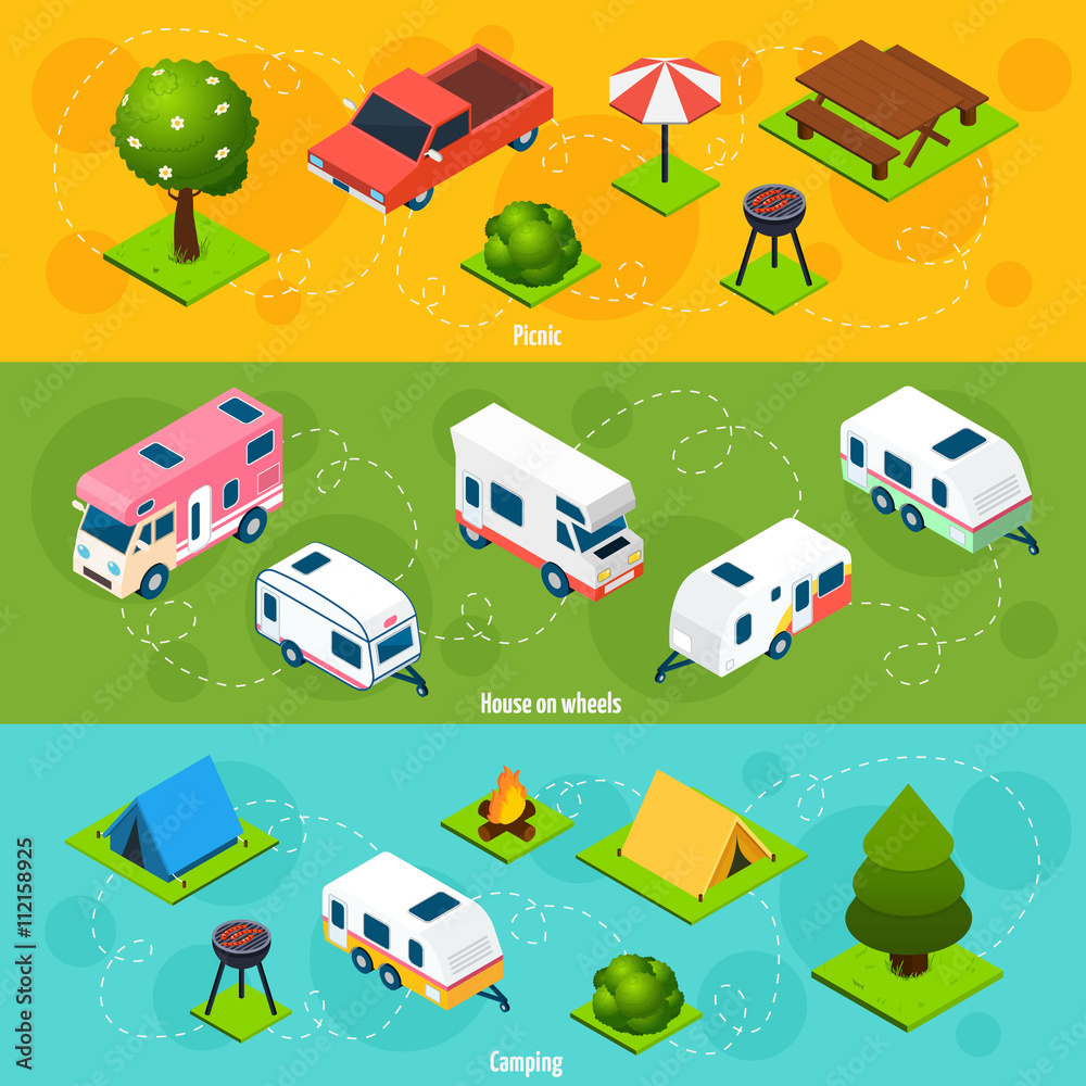 Naklejka premium Camping And Travel Isometric Horizontal Banners
