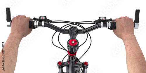 Perspective view from the rider. Steering wheel of the bicycle. 3d illustration. Isolation on white