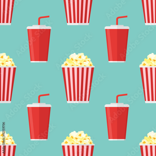 Seamless pattern with popcorn and soda takeaway on teal background. Vector texture.