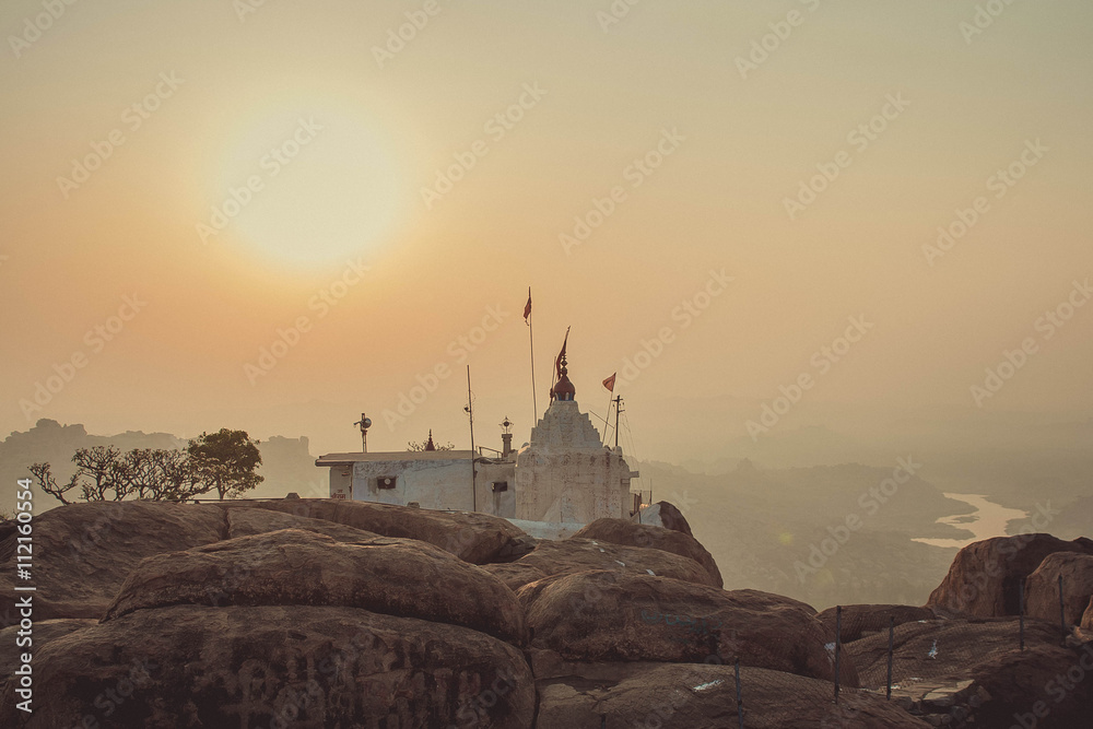 Hanuman Temple in sunrise time on the hill. Hampi, India