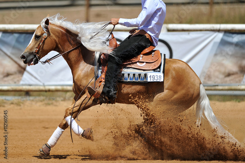 The side view of the rider sliding his horse forward on the clay field raising up the clouds of dust