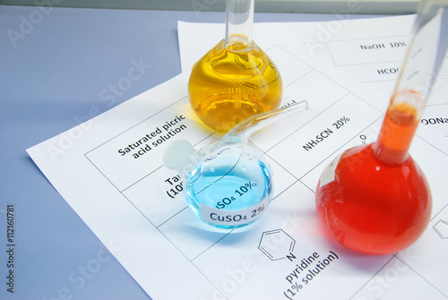 Three flasks with saturated picric acid solution (yellow), coppe photo