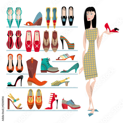 Woman with collection of shoes on white background. Shopping Time.
