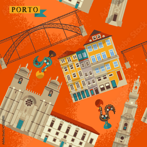 Sights of Porto. Portugal, Europe. Seamless background pattern.