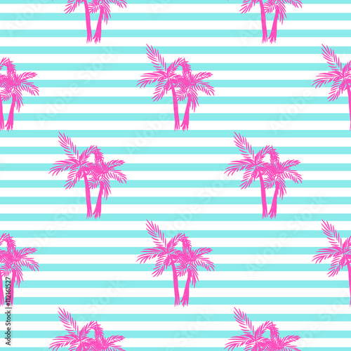 Palm trees seamless vector pattern. Tropical beach summer pink palms pattern on blue stripes for textile fabric, cards background and scrapbooking.