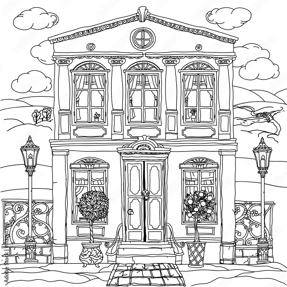 Black and white illustration of a house. Vector.