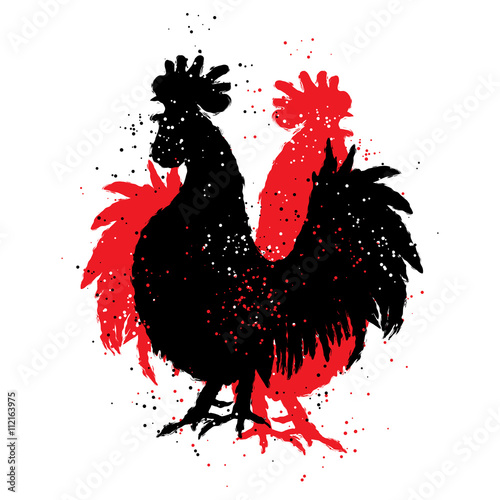 Red and black roosters. Two hipster vintage design with roosters. Imitation of hand drawing or painting of roosters silhouette with Chinese calligraphy Inksticks or India ink. Zodiac New Year 2017. photo