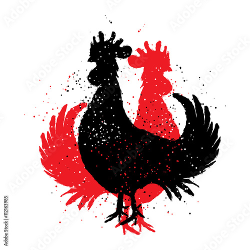 Red and black roosters. Two hipster vintage design with roosters. Imitation of hand drawing or painting of roosters silhouette with Chinese calligraphy Inksticks or India ink. Zodiac New Year 2017. photo