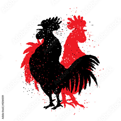 Two red and black roosters. Happy new year 2017 zodiac. Greeting card. Imitation of hand drawing or painting of roosters silhouette with Chinese calligraphy Inksticks or India ink.