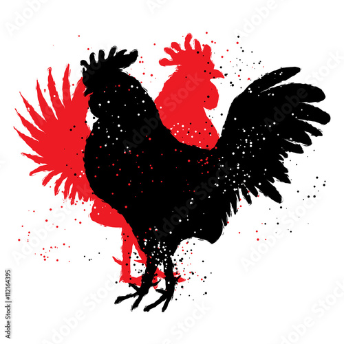 Two red and black roosters. Happy new year 2017 zodiac. Greeting card. Imitation of hand drawing or painting of roosters silhouette with Chinese calligraphy Inksticks or India ink. photo