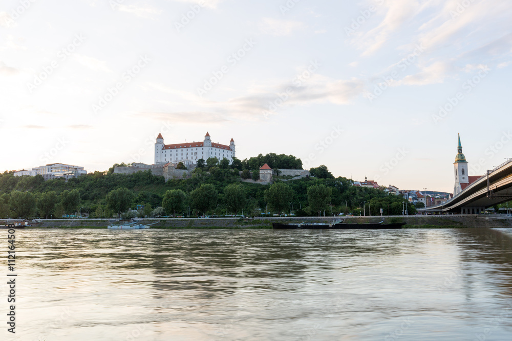 
Bratislava castle,parliament and Danube river just before sunset, Slovakia
