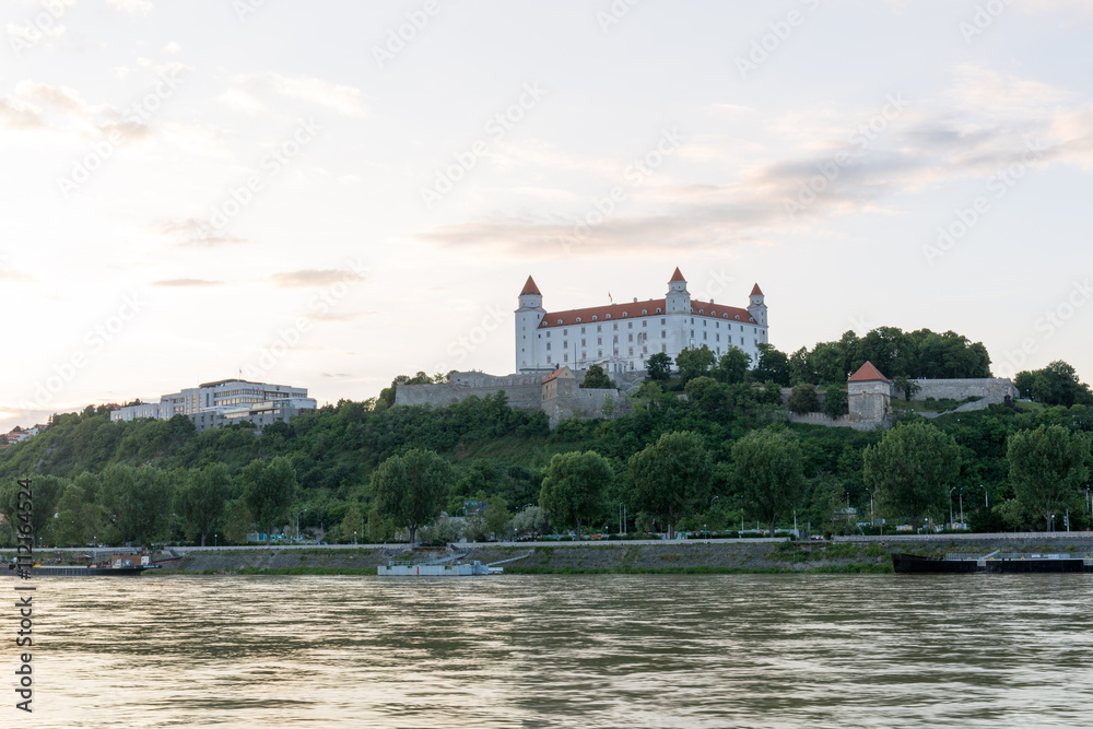 
Bratislava castle,parliament and Danube river just before sunset, Slovakia