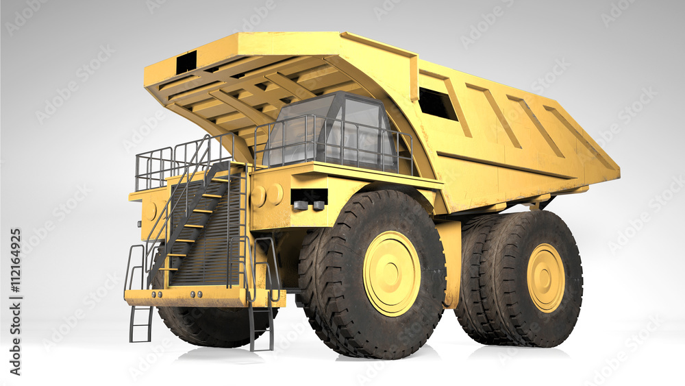 Dump truck, industrial construction vehicle, heavy machinery isolated on white background