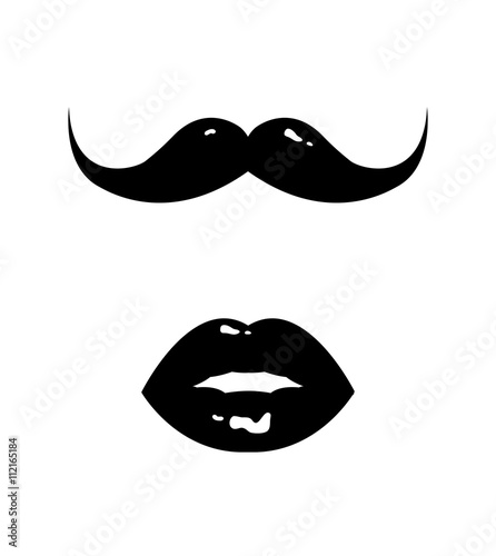 Set of vintage retro mustache and female lips icons, mr. and mrs. symbols, monochrome vector illustration
