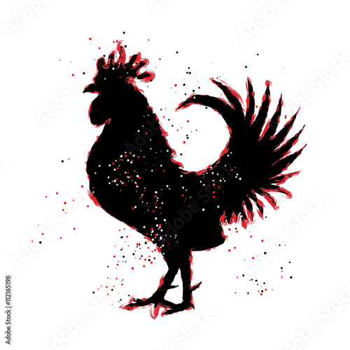 Chinese 2017 new year of the Rooster symbol. Red and black paint color brush roosters silhouette. Imitation of hand drawing or painting of rooster with Chinese calligraphy Inksticks or India ink. 