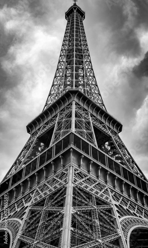 Low angle view of the Eifel Tower on a cloudy day
