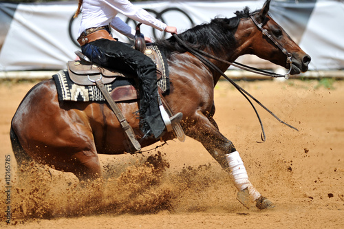 The side view of the rider sliding his horse forward on the clay field raising up the clouds of dust